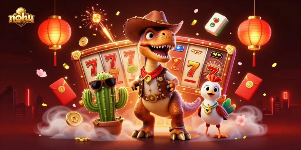 Experience the excitement at nohu with dynamic slot reels and vibrant casino elements in this energetic scene.