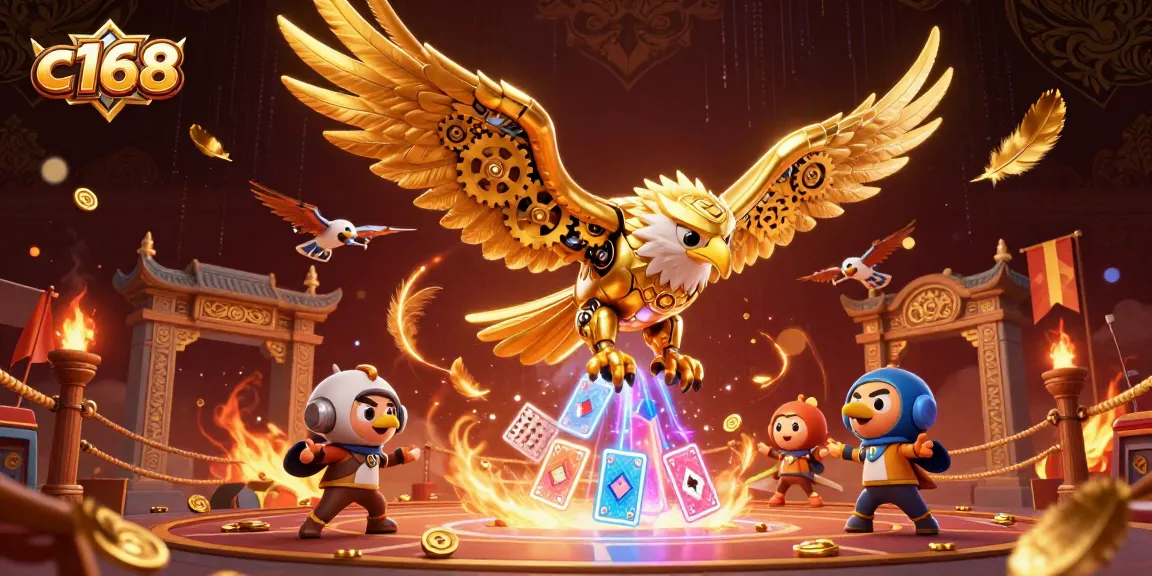 Experience winning strategies at C168’s vibrant casino scene featuring a golden eagle amidst dynamic gaming elements.