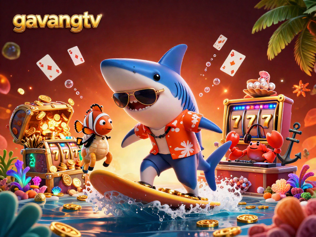 Experience gaming excitement with gavangtv; a vibrant 3D scene of a shark, clownfish, and crab in an underwater casino setting.