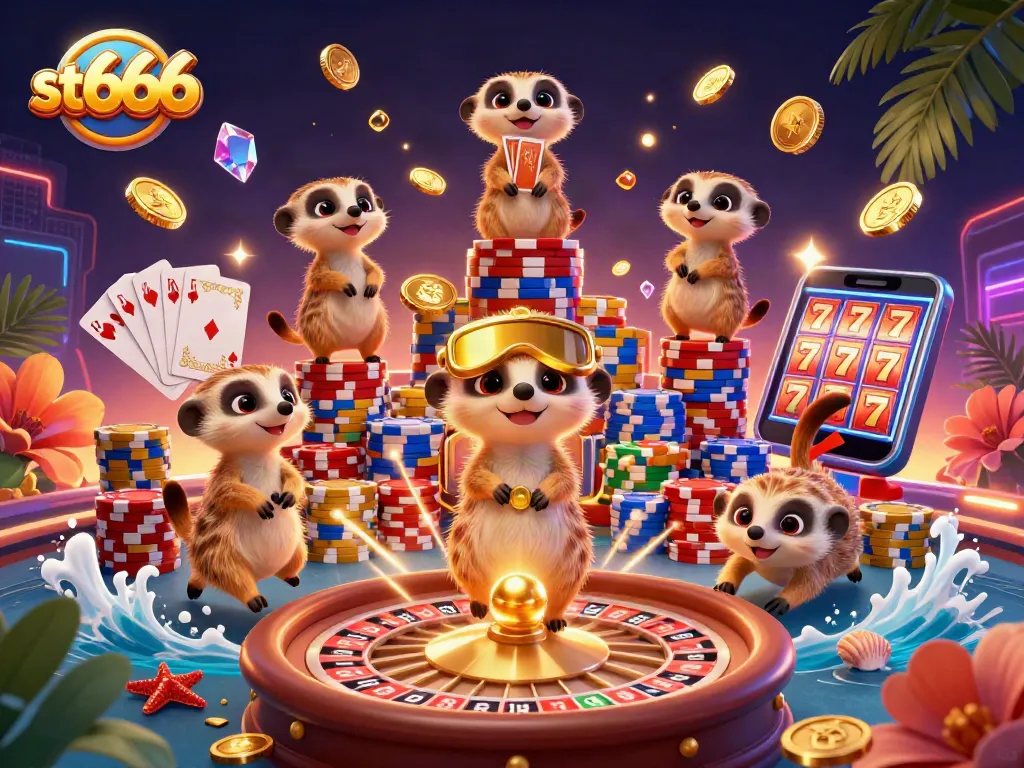 St666 meerkats running a casino, showcasing vibrant gaming elements and jackpot excitement.