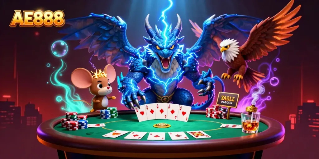 Engage with AE888's electrifying gaming scene featuring vibrant poker elements and animated characters.