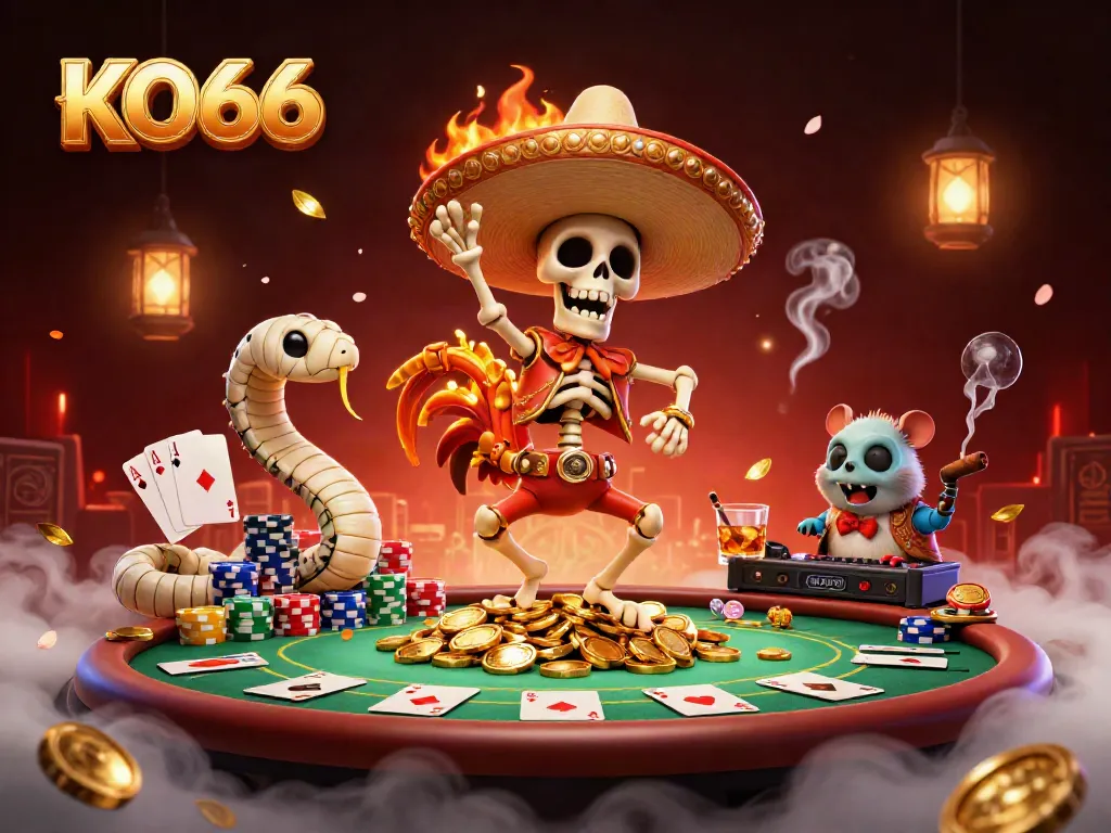 Experience the vibrant KO66 festive casino scene featuring a skeleton mariachi, mummy snake, and DJ hamster.