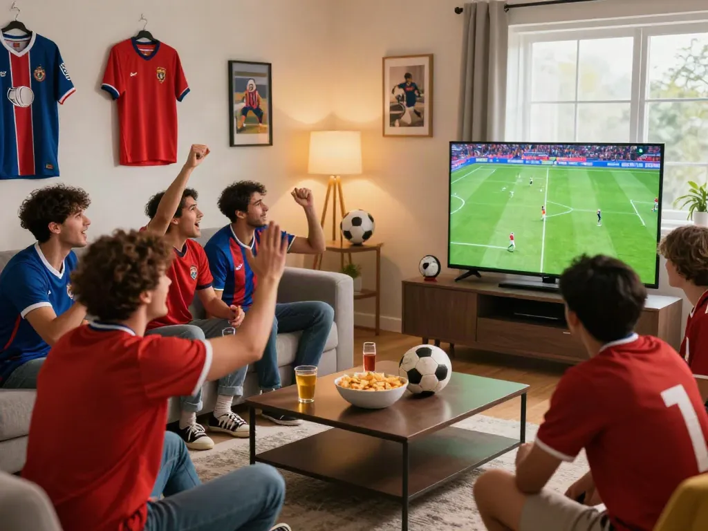 Excited fans enjoying Thapcamtv football match in a lively home setting.