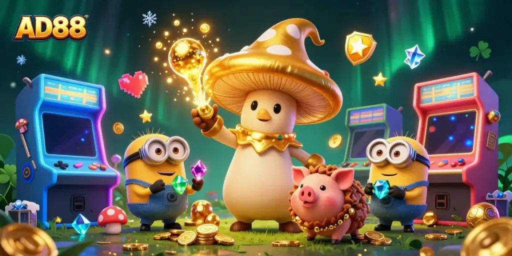 Experience the excitement of AD88 with vibrant 3D characters and colorful gaming elements in a magical casino setting.