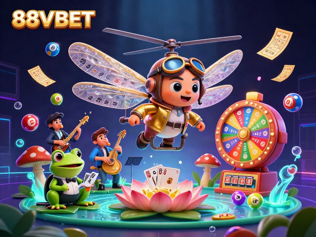 Experience the thrill of 88VBET with engaging gameplay at a lively lily pad casino scene.