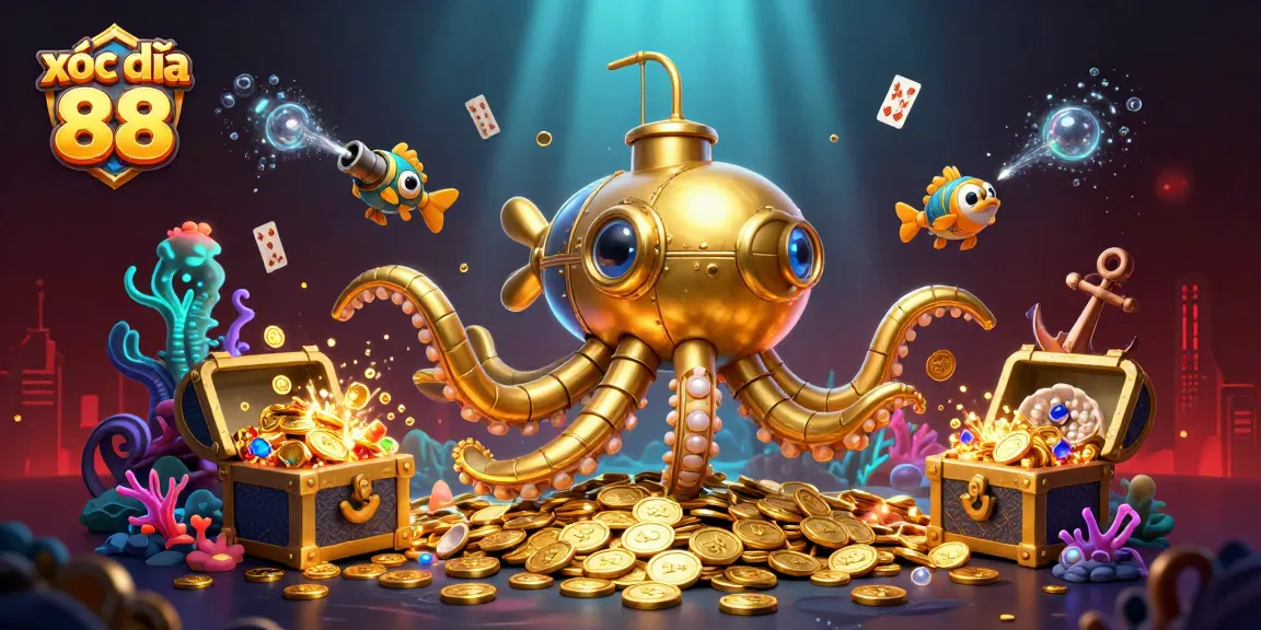 Xóc đĩa 88 brings excitement as the golden kraken submarine navigates through treasure in a thrilling underwater world.