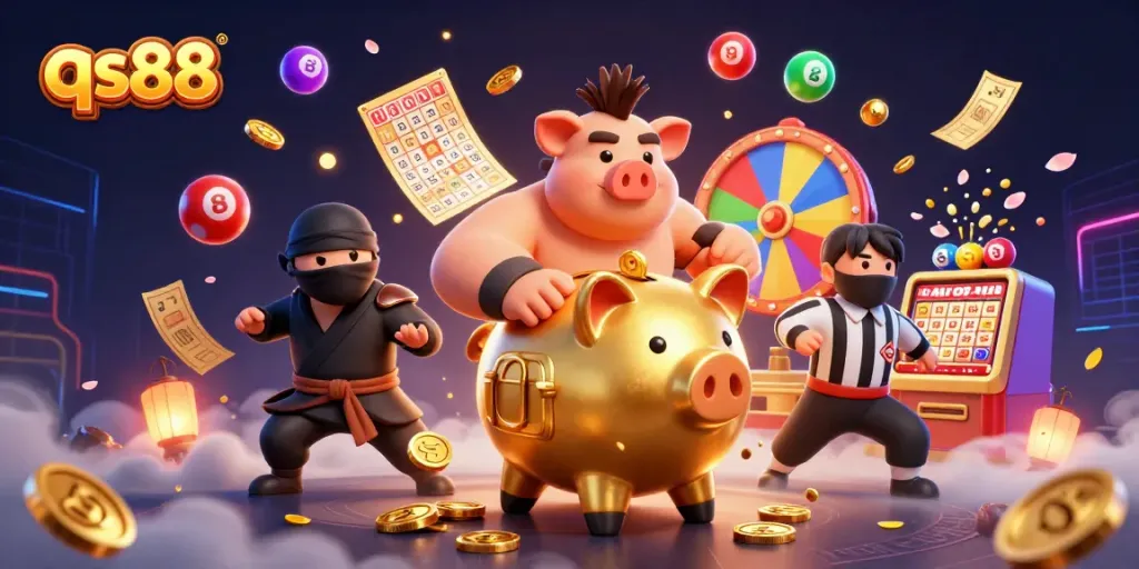 Experience exciting qs88 gaming with a dynamic scene including characters, coins, and lottery elements.