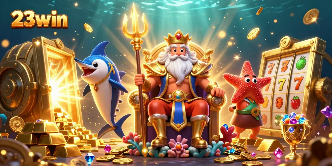 Experience the vibrant world of 23win slots with Neptune surrounded by treasures.