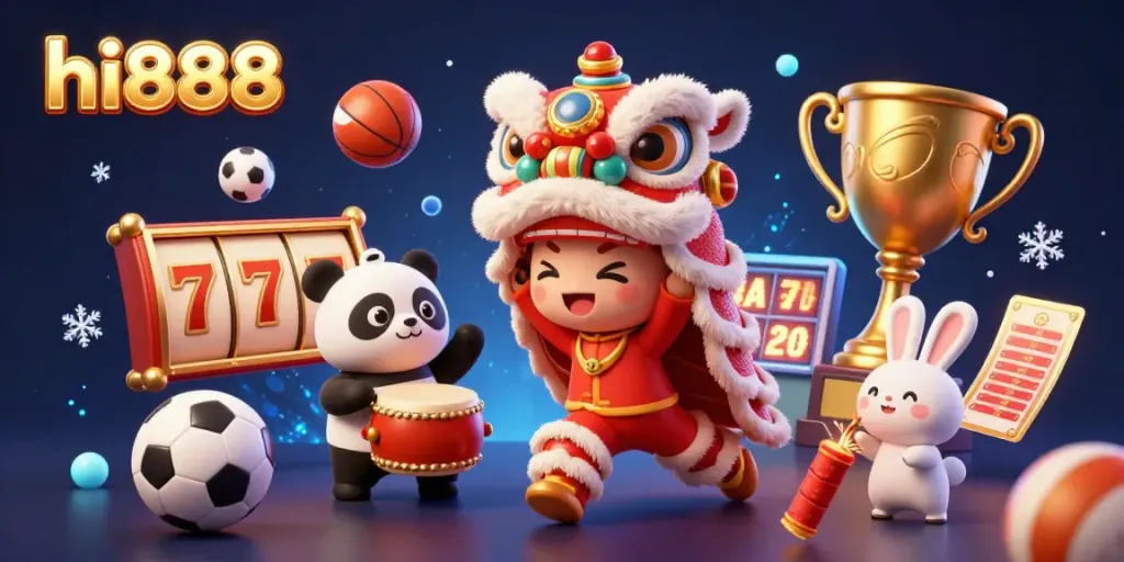 Experience the energy of hi888 through animated characters and vibrant gambling elements in this 3D illustration.