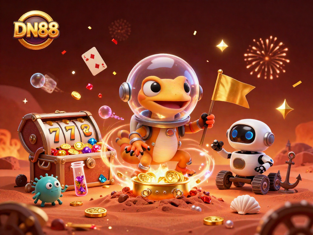 Experience fun in a vibrant DN88 casino scene with a Martian gecko and robot celebrating wins.