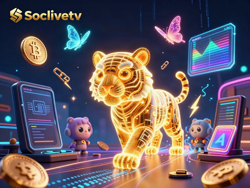Experience the thrill of Socolivetv with a vibrant digital casino filled with crypto symbols and a dynamic character scene.