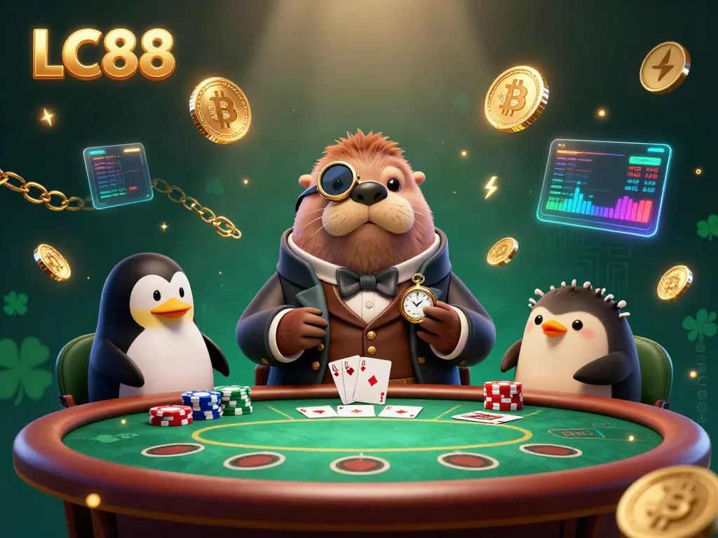 Join the LC88 poker showdown with a jolly walrus and sophisticated characters in a vibrant underwater scene.