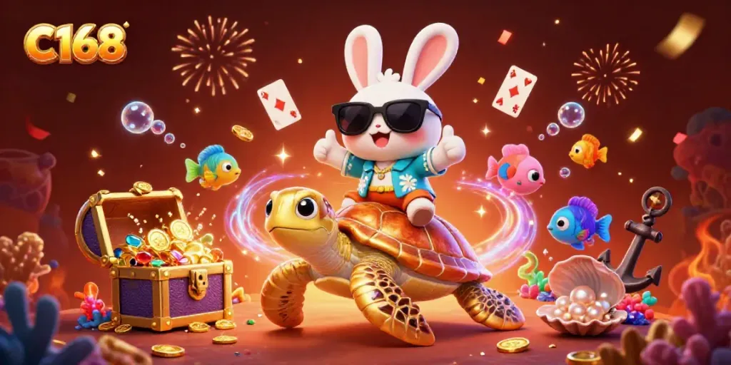 Experience the vibrant energy of C168 with a lucky rabbit and golden sea turtle amidst casino riches and underwater magic.