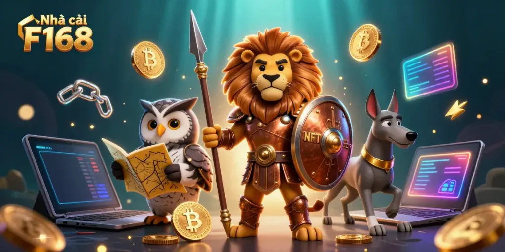 Engage with Nhà cái F168 through a vibrant 3D illustration depicting a Spartan lion, owl strategist, and greyhound amidst neon crypto coins.
