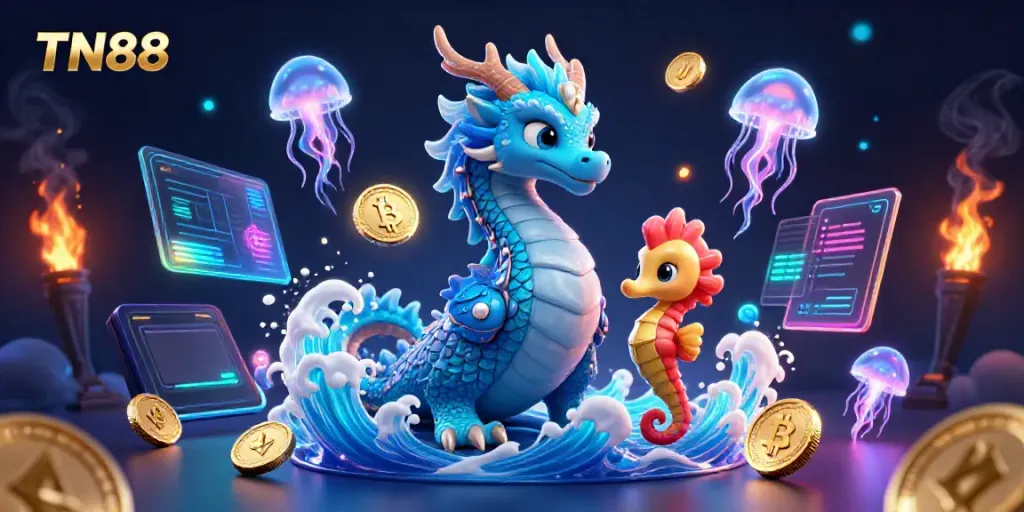 Engage with thrilling gameplay at TN88, featuring a dragon, seahorse, and neon jellyfish.