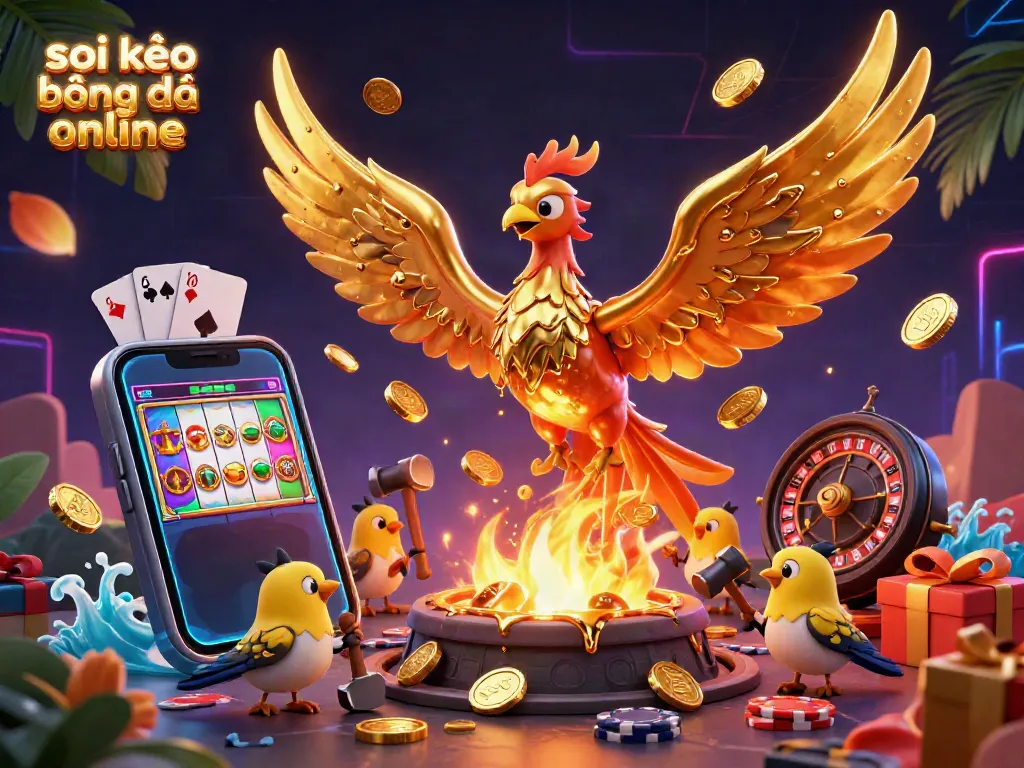 Soi kèo bóng đá online illustrates a vibrant 3D scene depicting a golden phoenix and gambling elements.