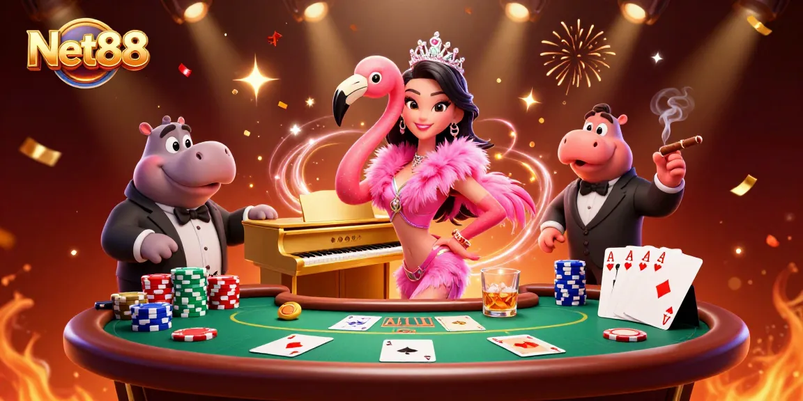 See the vibrant Net88 casino scene with a flamingo singer and a hippo bassist, filled with poker excitement.