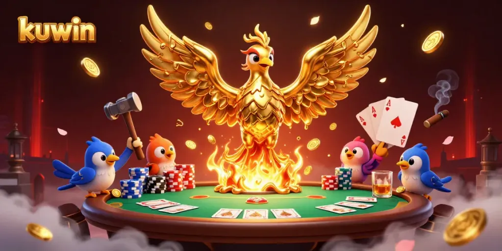 Engage with kuwin's gaming action, featuring a dynamic golden phoenix from molten metal amidst poker elements.
