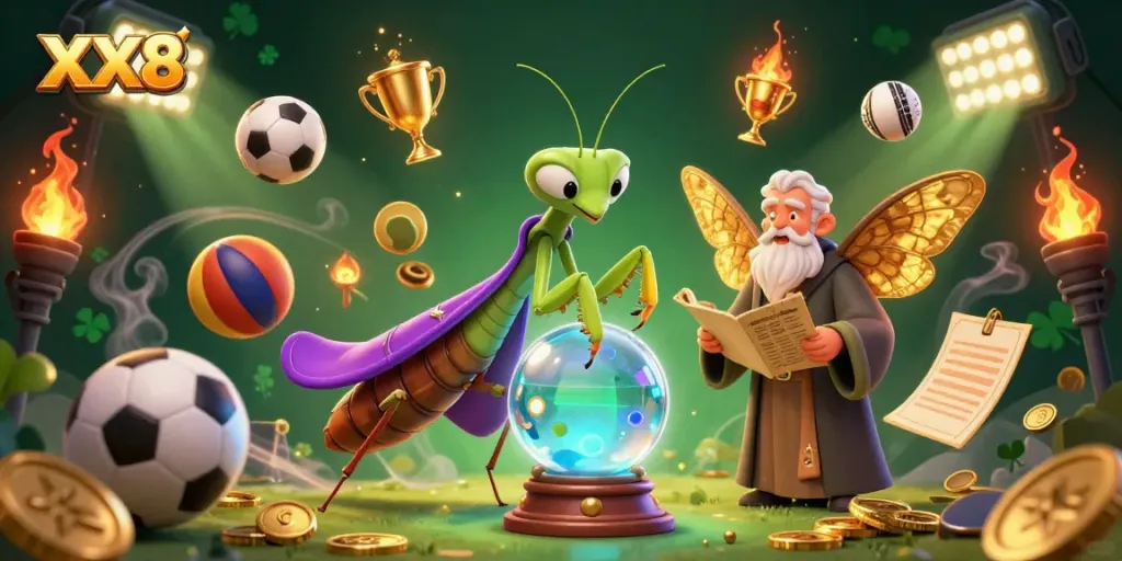Experience winning strategies with the XX8 fortune teller and wise moth librarian in a vibrant gaming scene.