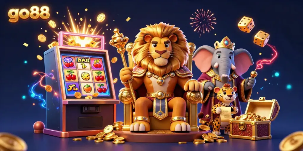 Experience exhilarating gameplay with the vibrant go88 gaming scene, featuring lively slot machines and colorful characters.