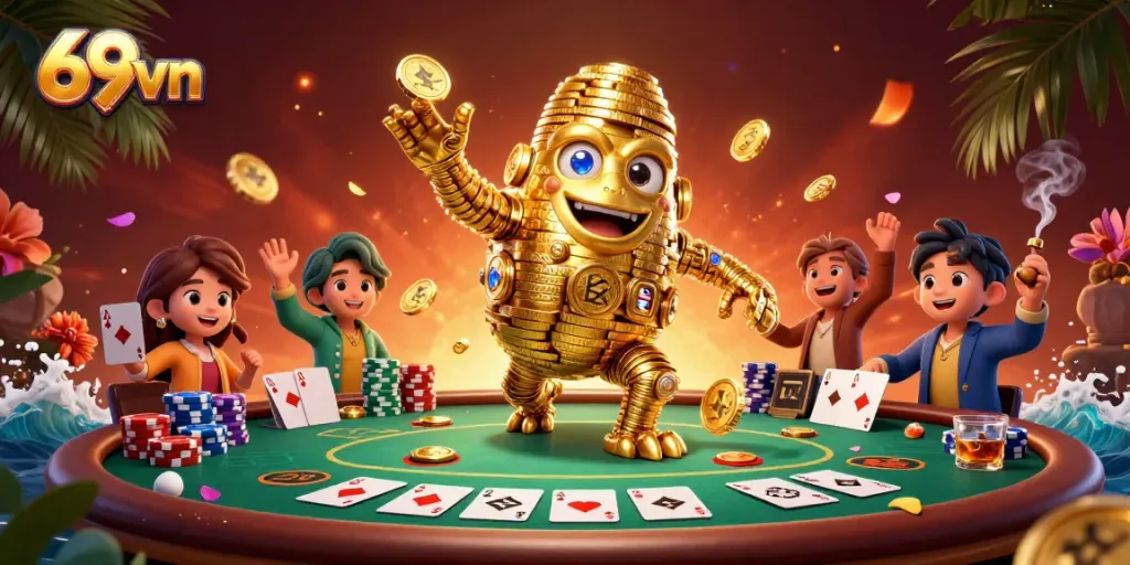 Win big at 69vn with a dynamic gaming scene featuring a golden golem and poker elements.