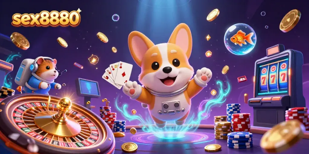 Experience the excitement with sex8880 as a cartoon astronaut corgi floats in a cosmic casino adventure.