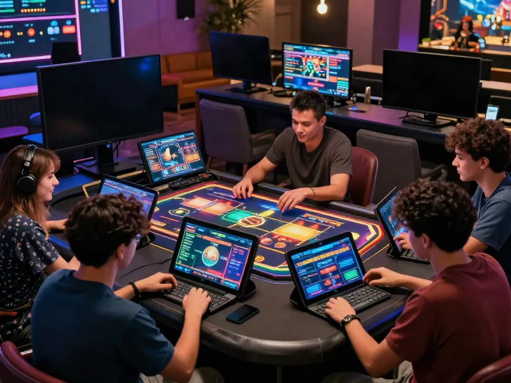 Interactive gaming environment with friends enjoying 8kbet online casino games on mobile devices, vibrant atmosphere.