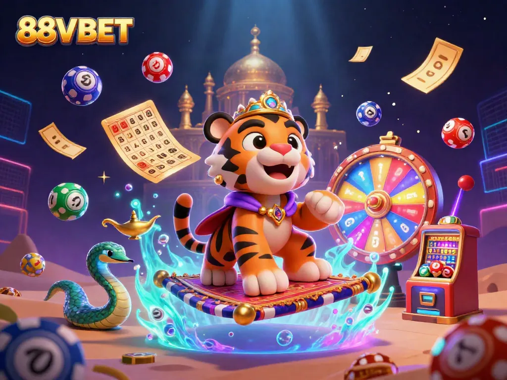 Experience excitement at 88VBET with a vibrant 3D casino scene featuring a tiger sultan and game elements.