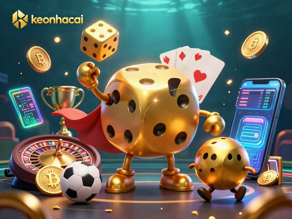 Engage with keonhacai's vibrant sports betting scene featuring dynamic characters and glowing elements.