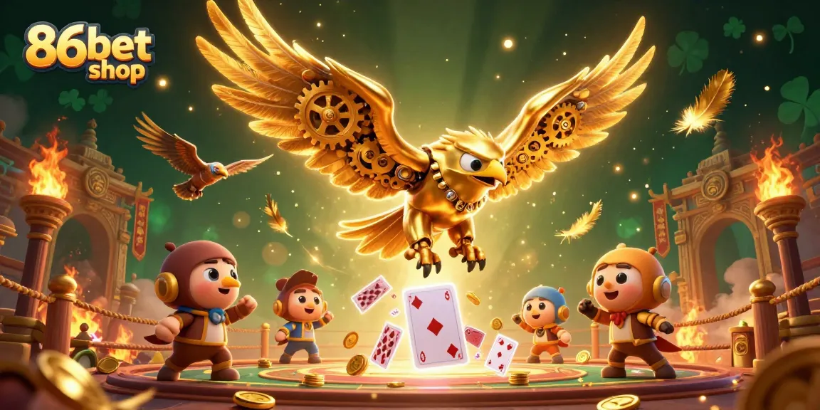 Win big with 86bet shop in a thrilling 3D illustration showcasing golden eagle and casino elements.