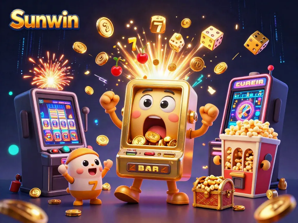 Experience the thrill of Sunwin with a cartoonish jackpot celebration, featuring animated slot machines and gold coins.