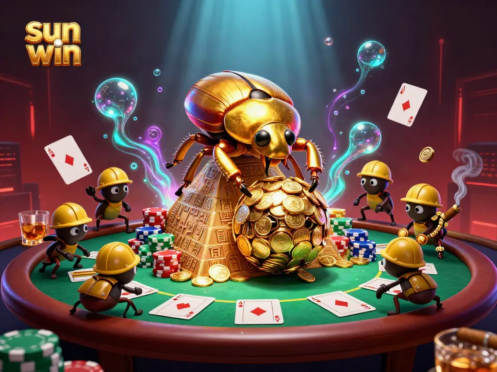 Experience sun win with golden beetles rolling coins at a vibrant online casino scene.