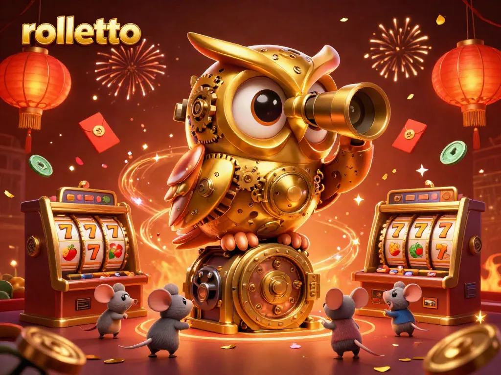 Engage with rolletto's lively casino atmosphere featuring a golden owl and vibrant gaming elements.
