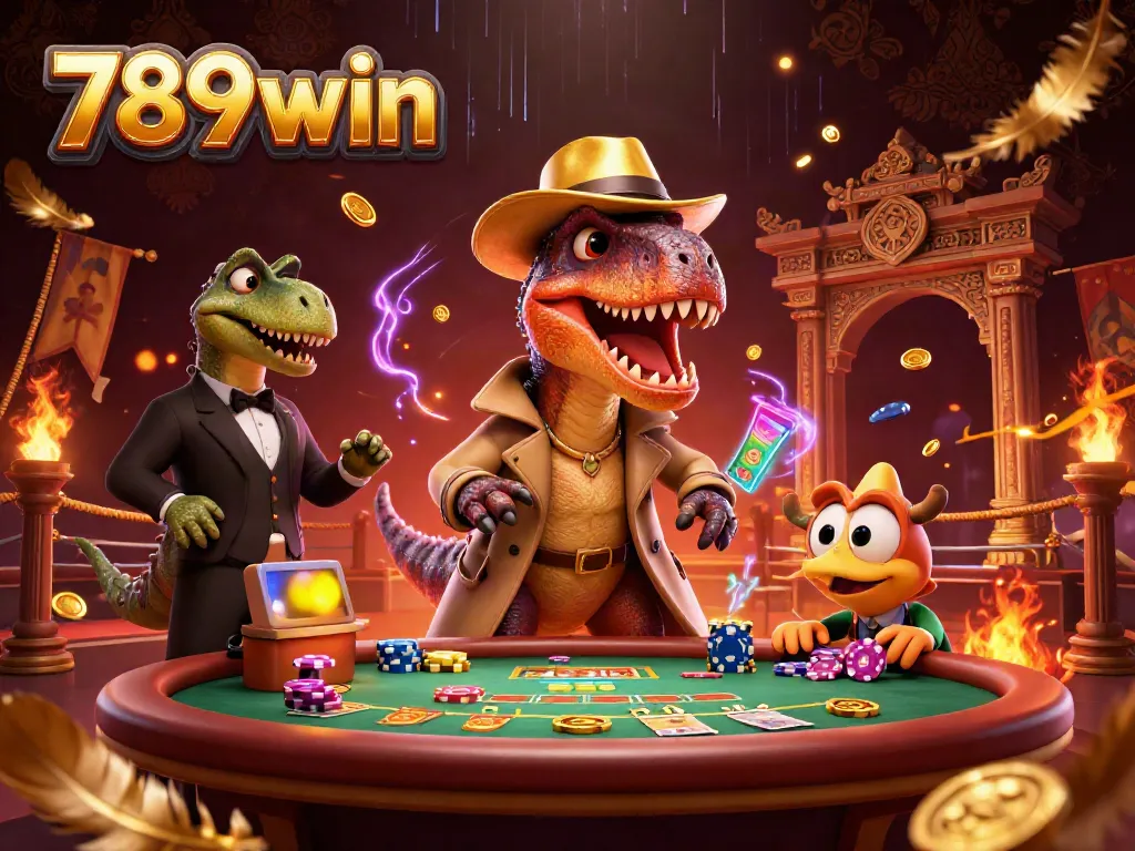 Engage in thrilling blackjack action with 789win as a cartoon velociraptor attempts to blend in at a vibrant casino table.
