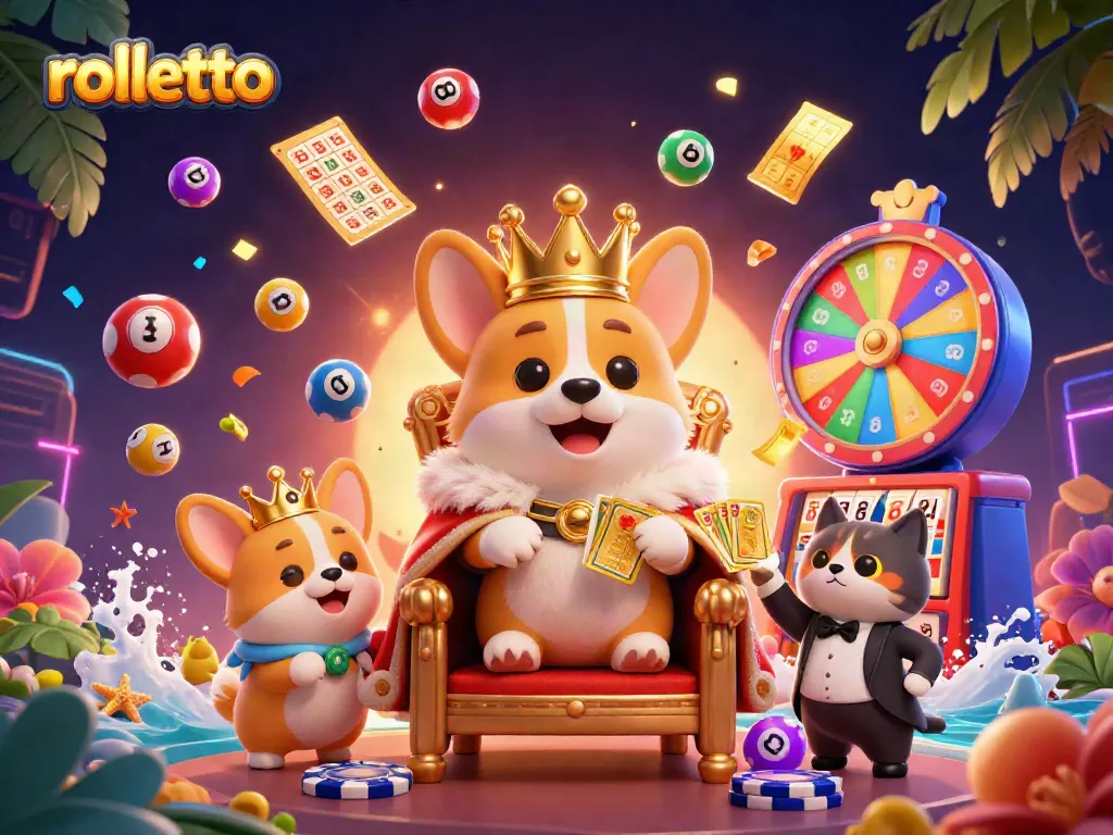 Experience the excitement of rolletto with vibrant lottery balls and a royal corgi in a dynamic casino scene.