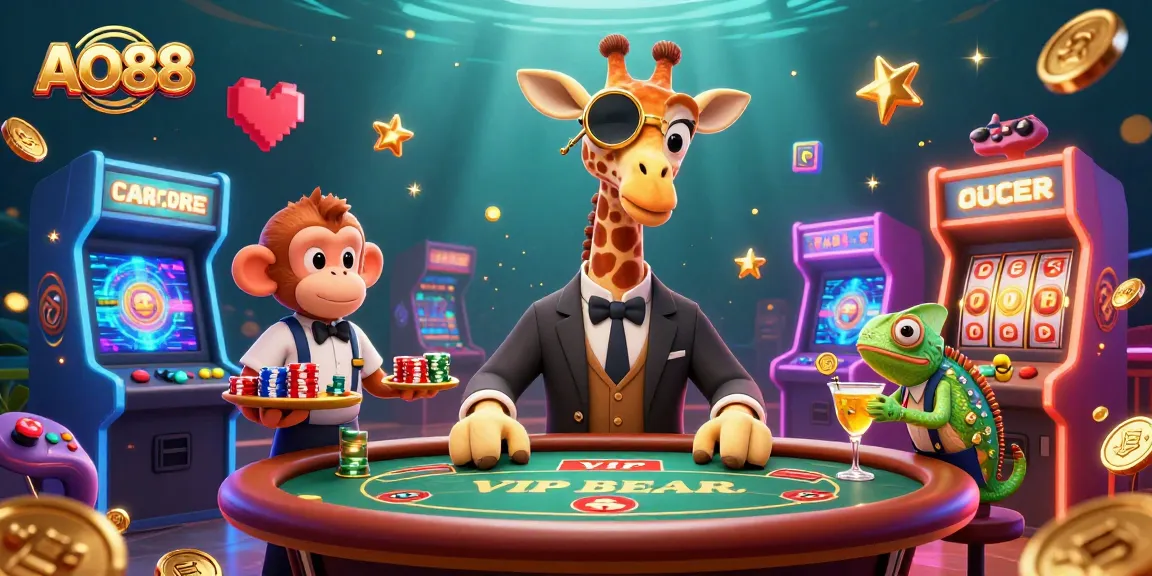 Play exciting games at AO88 with a dazzling giraffe, monkey, and chameleon in a vibrant casino scene.