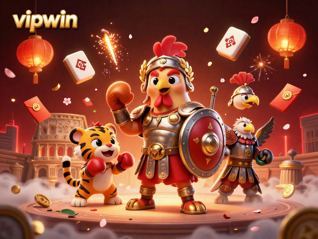 Win big at vipwin with a vibrant casino scene featuring a gladiator rooster and lucky game elements.