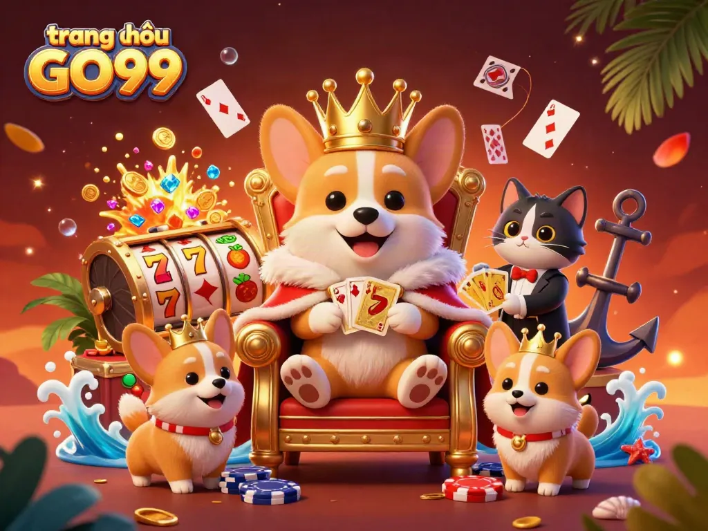 Experience the thrill of trang chủ GO99 with a royal corgi on a poker throne, rich in gaming elements.