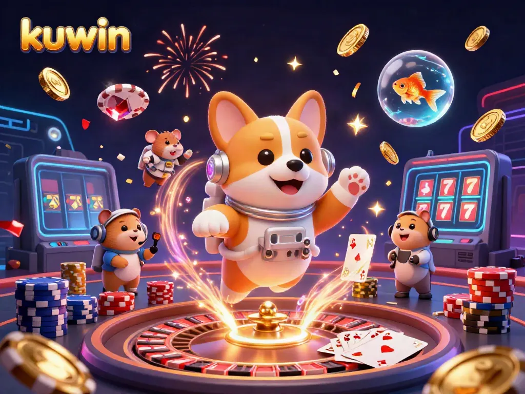 Engage in thrilling games at kuwin's vibrant casino scene with floating corgi, hamster, and goldfish.