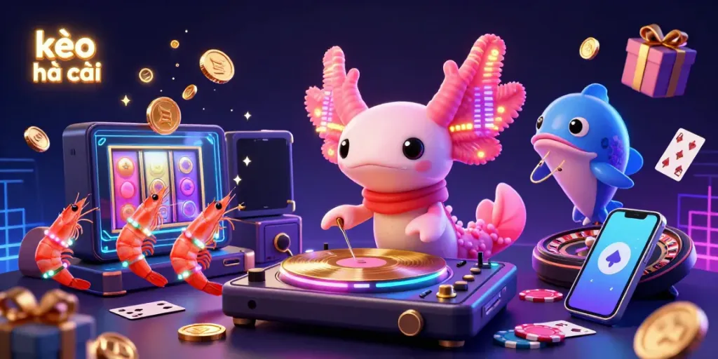 Engaging scene showcasing kèo nhà cái with a neon axolotl DJ and vibrant gaming elements.