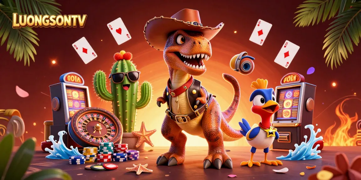 Experience thrilling poker action at LUONGSONTV with a cartoon cowboy dinosaur and casino elements.