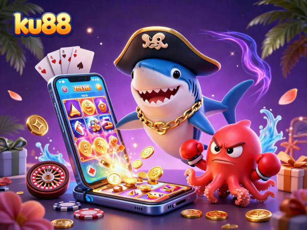 Engage with ku88's thrilling casino games through a captivating cartoon illustration.