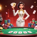 Experience thrilling hands at DAOMO CLUB with a glamorous dealer shuffling cards surrounded by poker chips.