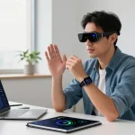 Tech enthusiast using AI wearables in a modern office, showcasing smart glasses and health metrics on a laptop.