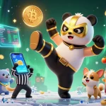 AV88 engaging in epic casino action with a flying panda wrestler amidst colorful slots and crypto coins.