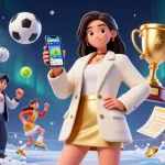 Engage with SHBET's dynamic sports betting app in a vibrant 3D casino scene featuring an Asian woman.