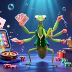 Engage with thrilling FB777 gameplay as a giant mantis deals cards in a vibrant casino setting.
