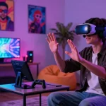 Interactive chat experience with AI sluts in a modern tech space featuring vibrant colors and immersive gadgets.