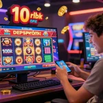 Energetic player enjoying situs slot deposit 10 ribu experience on smartphone with vibrant casino backdrop