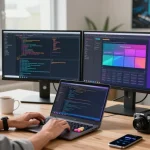 Developer coding in a professional workspace featuring WhatsApp下載 activity with vibrant screens and natural light.
